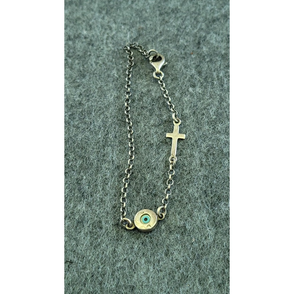 Evil Eye Cross Bracelet Silver Tone 7in 3.19g Protection Charm Minimalist